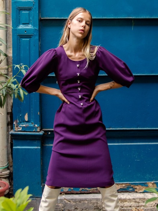 Button Front Crepe Dress_Purple
