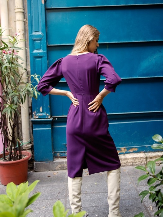 Button Front Crepe Dress_Purple