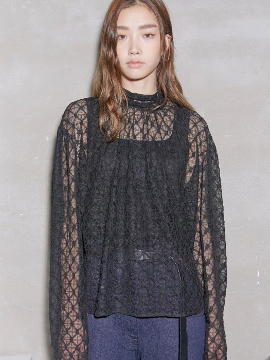 Black Lace High Necked Collar Blouse 