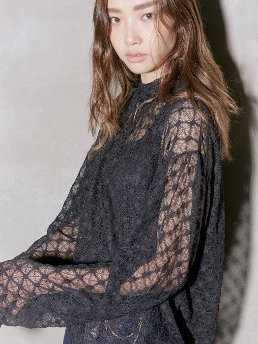 Black Lace High Necked Collar Blouse 