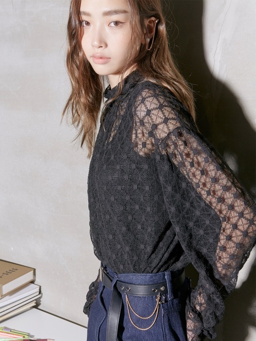 Black Lace High Necked Collar Blouse 