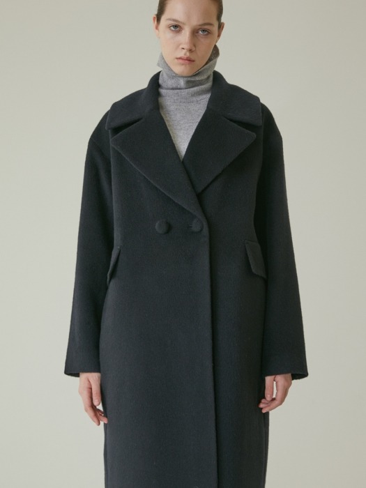 BELTED DOUBLE WOOL HALF COAT-DARK NAVY