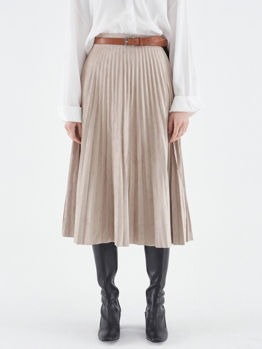 SUEDE PLEATS LONG SKIRT_BEIGE