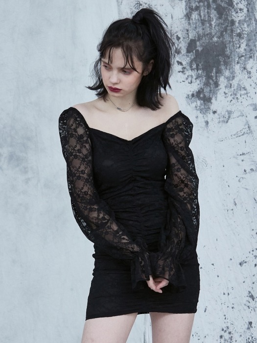 LACE SHIRRING ONEPIECE black 