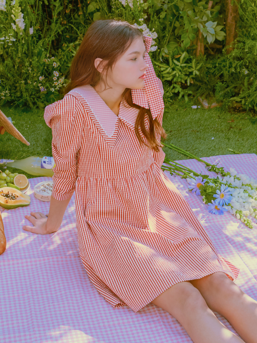 (OP-20111) CHECK PUFF-SLEEVE ONE-PIECE RED