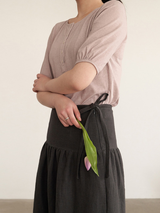 Fine linen waist strap long skirt - dark grey