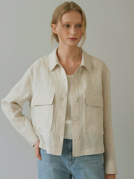 linen cropped shirt jacket (light beige)