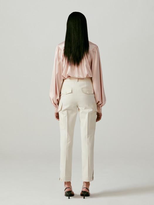 Faux-Leather Panel Patch Pocket Trousers -Ivory