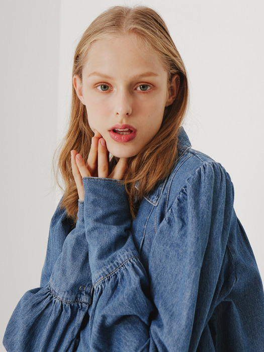 planet-66 pin tuck puff denim blouse_blue