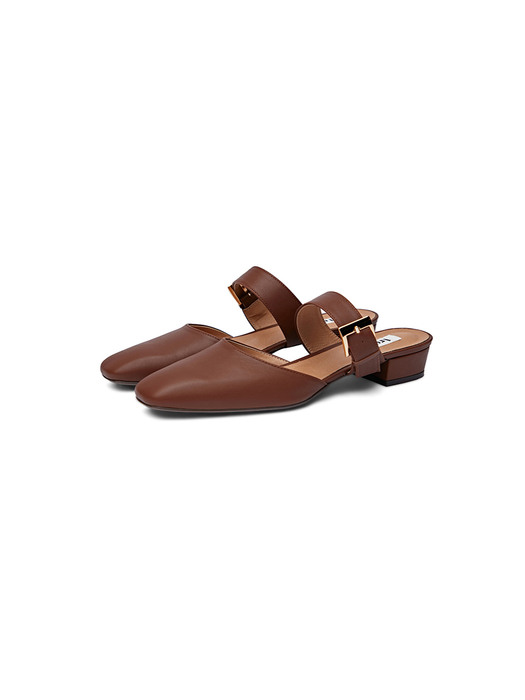 [리퍼브][250] Square toe leather mules with gold buckle