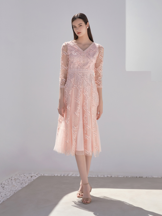 MILKY / Flower Embroidery Applique Lace Dress(pink)