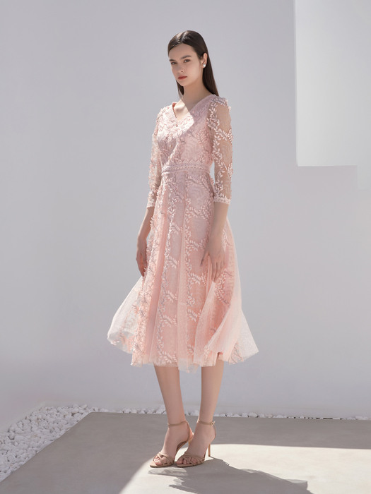 MILKY / Flower Embroidery Applique Lace Dress(pink)