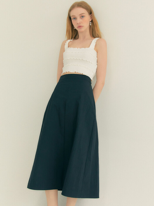  Cotton Pleats A-Line Long Skirt (Black)