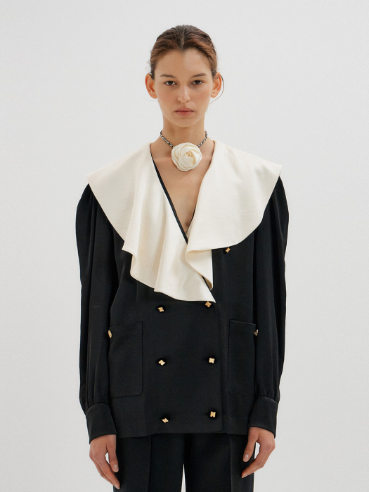 TIMING Oversized Collar Blouse - Black/Ivory