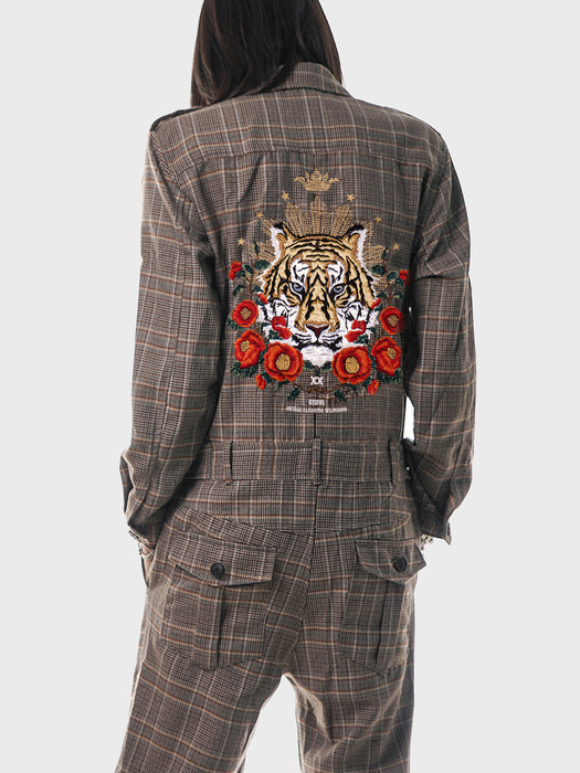 Tiger-Embroidered Wales Check Jumpsuit(UNISEX)_UTP-FJ06