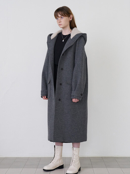 21 Fall_Grey Hooded Casual Coat   