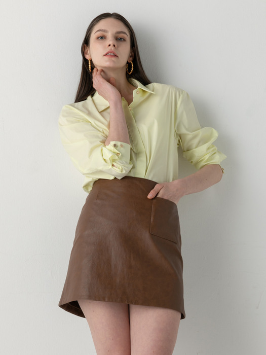 Out pocket A-line leather mini skirt [ brown, black ]