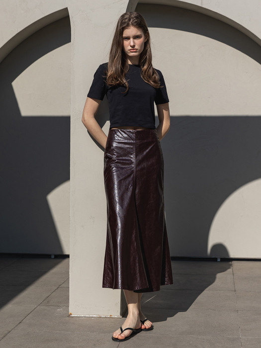 Eco Leather Semi A line Midi Skirt_Burgundy
