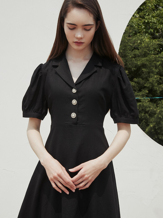 TAILORED COLLAR MINI ONE-PIECE HALF SLEEVE LINEN BLACK