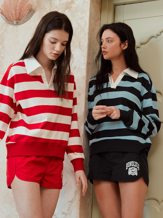 SORAE V-neck collar stripe sweatshirt (Red&White/Blue&Navy)