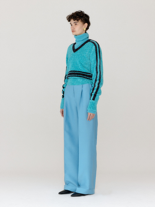 VARINA Paneled Knit Pullover - Sky Blue/Navy