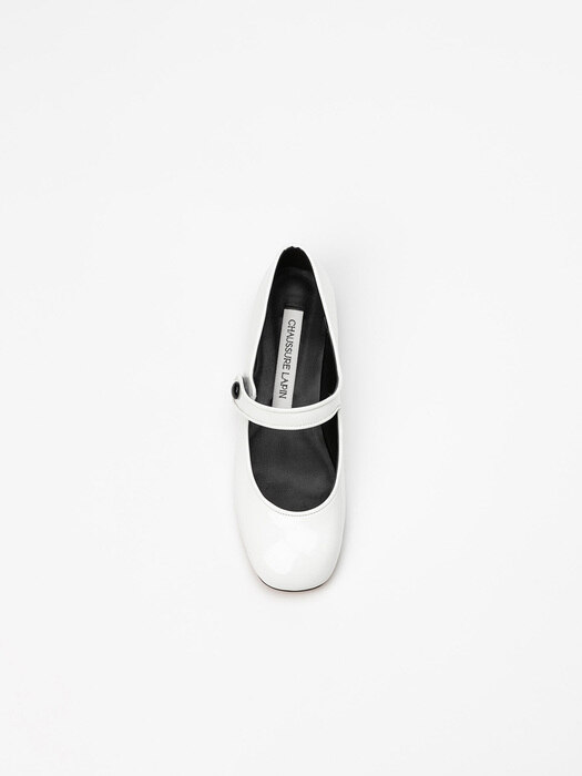 Amina Maryjanes in White Patent with Black Button
