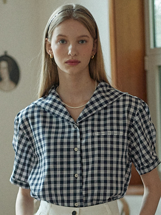 Gingham Marine Collar Shirt - Navy