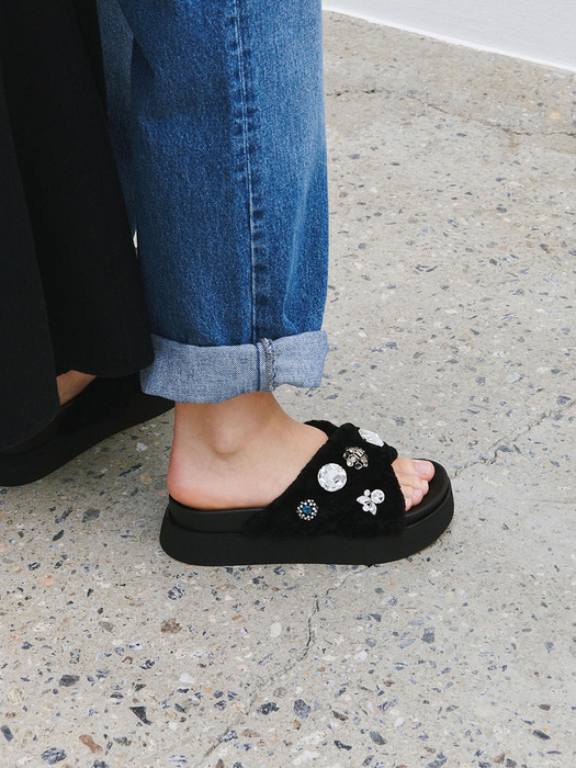 Lapeer Embellished Shearling Slides in Black Fur