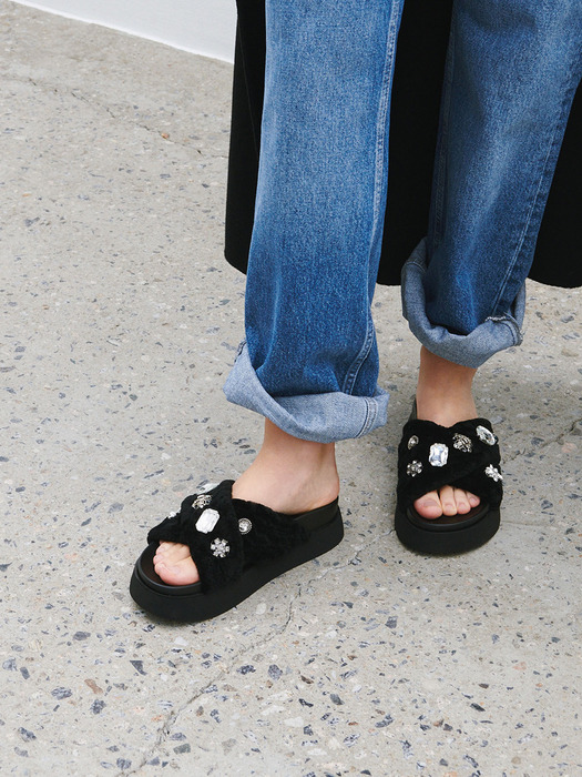 Lapeer Embellished Shearling Slides in Black Fur