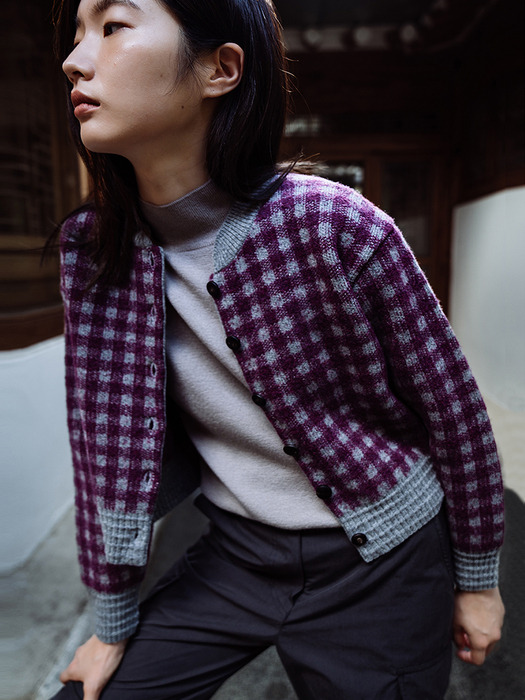 WOOL BLENDED GINGHAM CHECK CARDIGAN_PURPLE