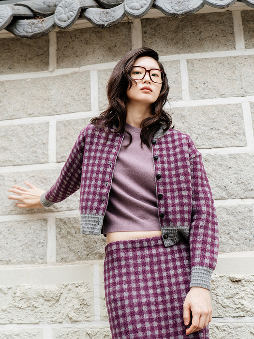 WOOL BLENDED GINGHAM CHECK CARDIGAN_PURPLE