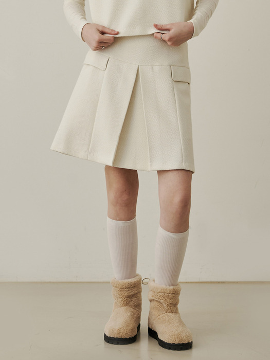 Mong slit side pocket wool tweed midi skirt - cream