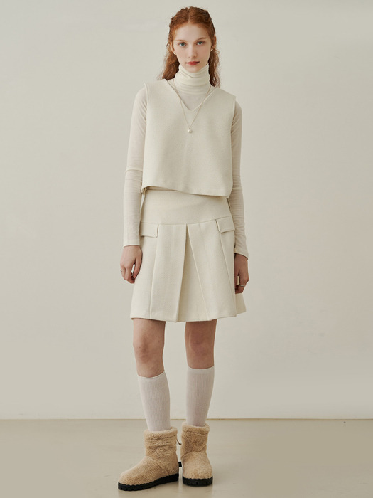 Mong slit side pocket wool tweed midi skirt - cream
