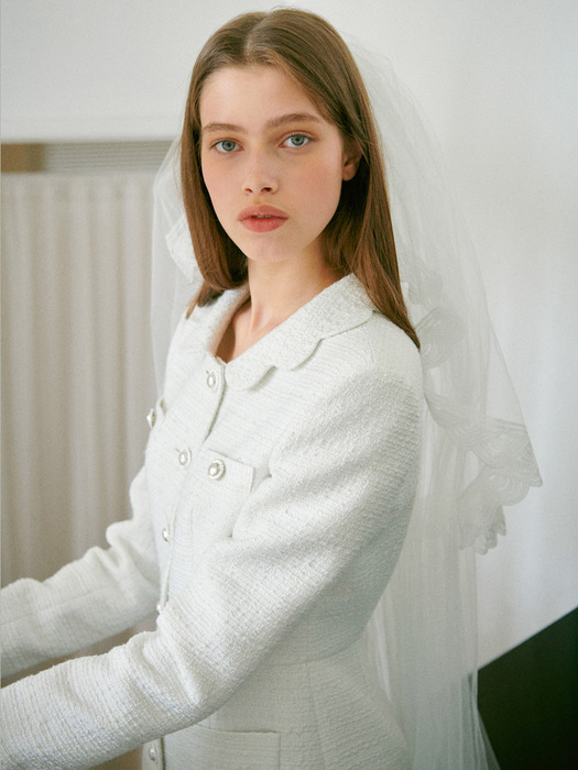 [주문제작][EJnolee White Flame]Petal Collar Tweed White Dress