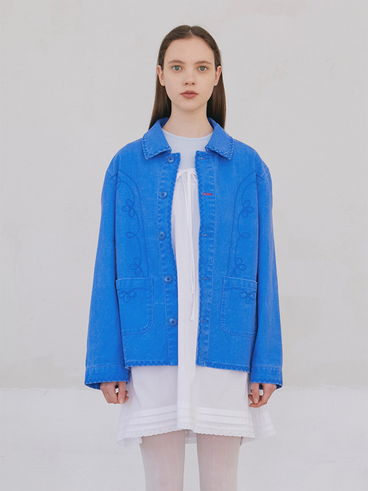 Floral Stitch French Work Jacket - Blue