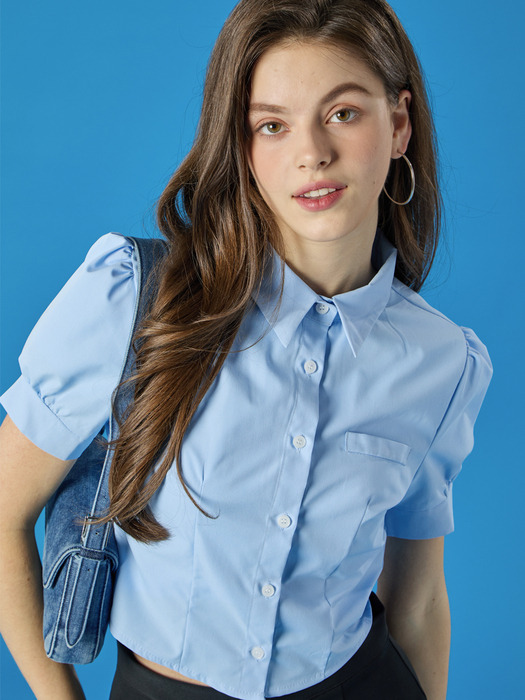 WOMEN 여름 퍼프 크롭 슬림 반팔 셔츠 [SKY_BLUE] 블라우스 ver.