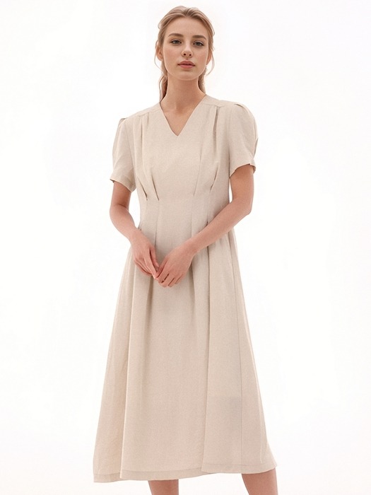 V neck Linen Dress _Beige