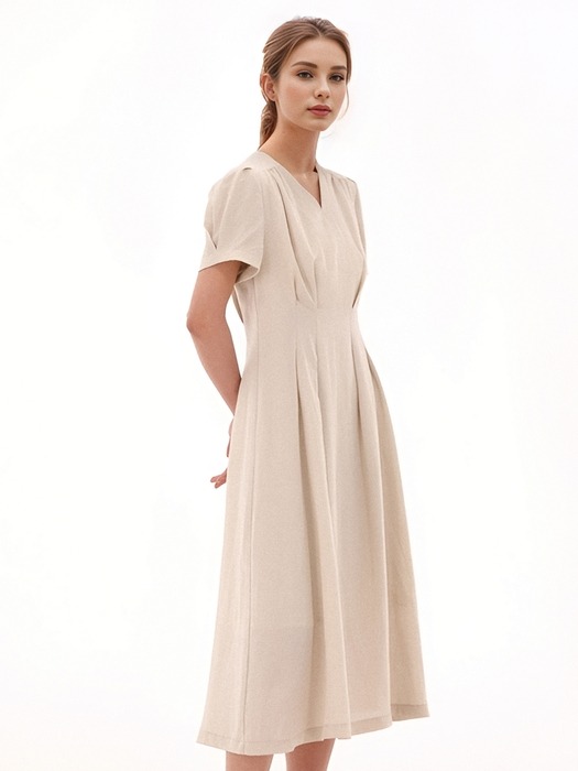 V neck Linen Dress _Beige