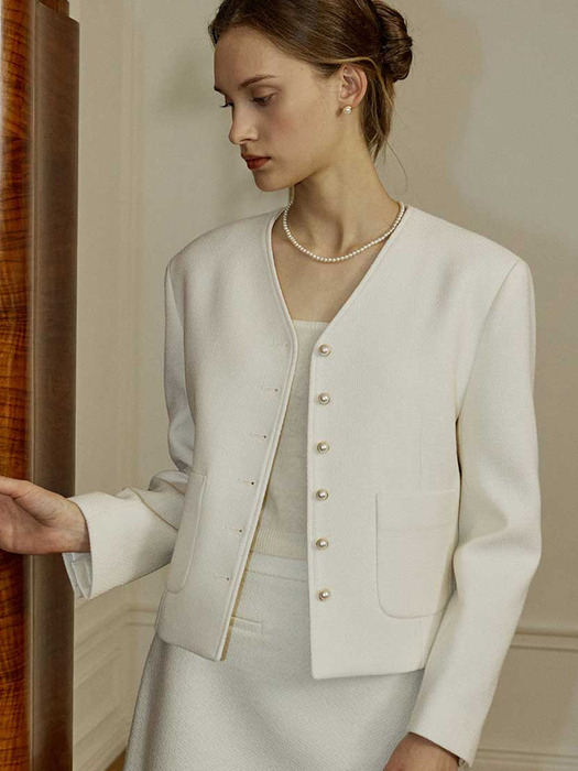 V-neck Tweed Jacket - Ivory