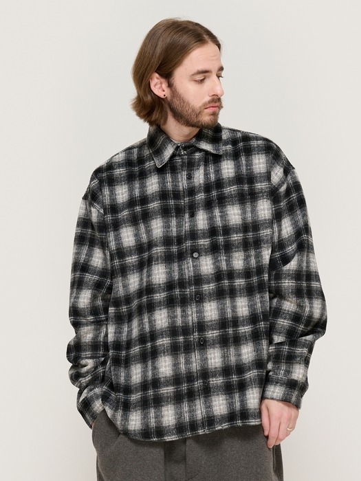 WOOL-LIKE CHECK SHIRT JACKET (BLACK)