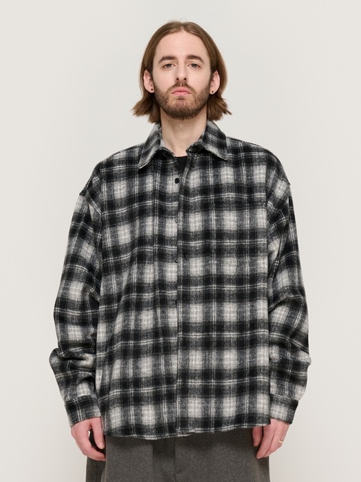 WOOL-LIKE CHECK SHIRT JACKET (BLACK)