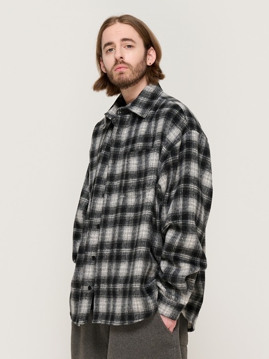 WOOL-LIKE CHECK SHIRT JACKET (BLACK)