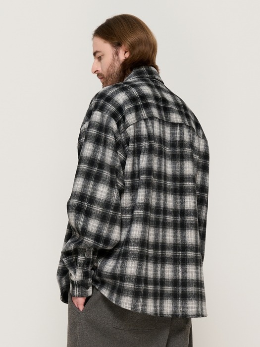 WOOL-LIKE CHECK SHIRT JACKET (BLACK)