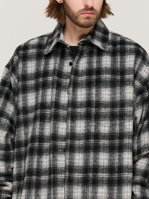 WOOL-LIKE CHECK SHIRT JACKET (BLACK)