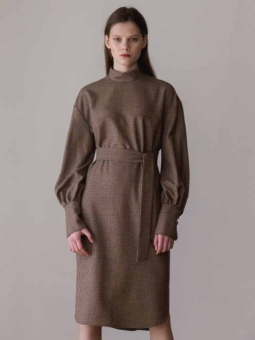 Pleated Button Back Wool Dress (Brown)