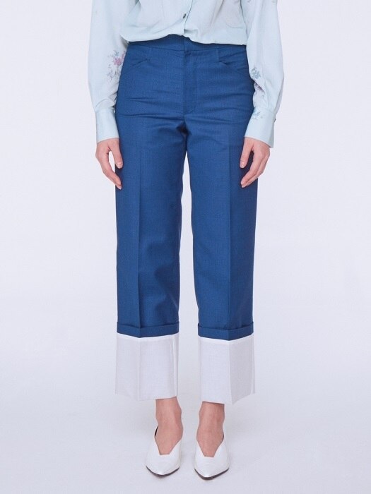 Solid Roll-up Chino Pants [BLUE]