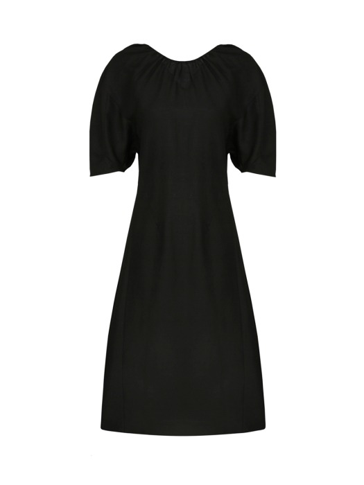 GATHERED LINEN-BLEND DRESS (BLACK)