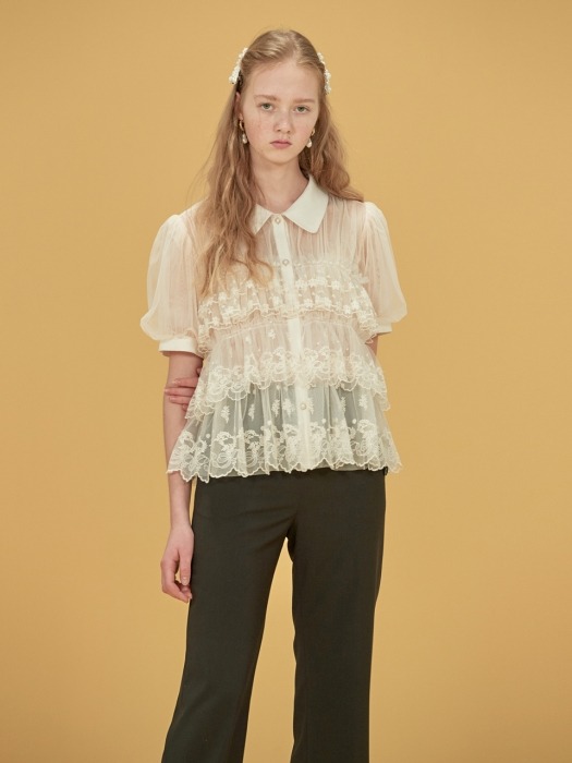 TULLED LACE BLOUSE - IVORY/BLACK
