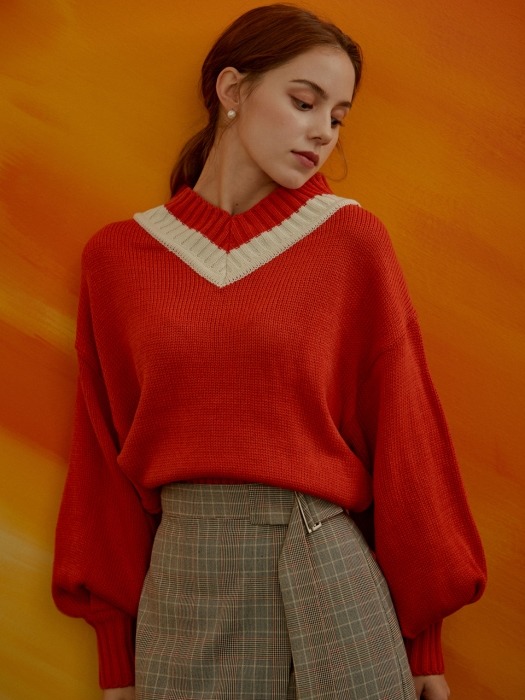 iuw464 ballon-sleeved v-neck knit (orange)