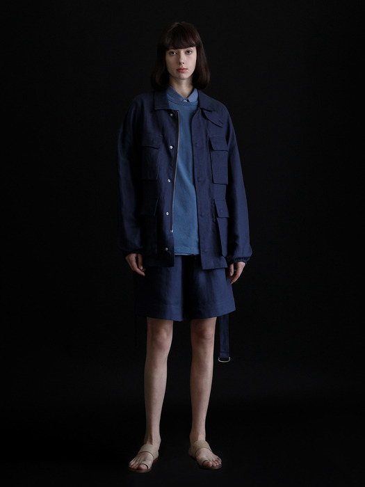 BLENDED LINEN BELTED FILD JACKET_NAVY